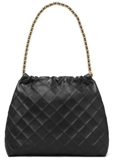 Tory Burch Fleming Black Diamond Quilted Shoulder Bag With Chain-link Handles In Leather Woman