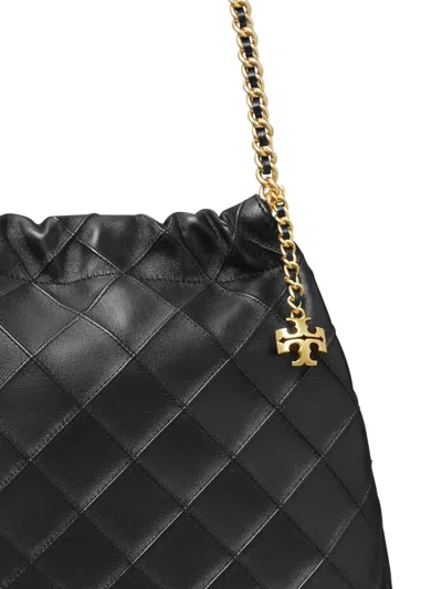 Tory Burch Fleming Black Diamond Quilted Shoulder Bag With Chain-link Handles In Leather Woman