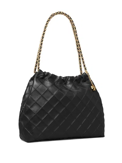 Tory Burch Fleming Black Diamond Quilted Shoulder Bag With Chain-link Handles In Leather Woman