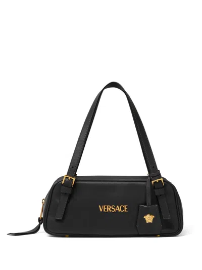 Versace Tag Bowling Black Shoulder Bag With Metallic Logo Lettering And Medusa Head Pendant In Leather Woman In Black