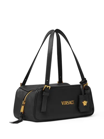 Versace Tag Bowling Black Shoulder Bag With Metallic Logo Lettering And Medusa Head Pendant In Leather Woman In Black