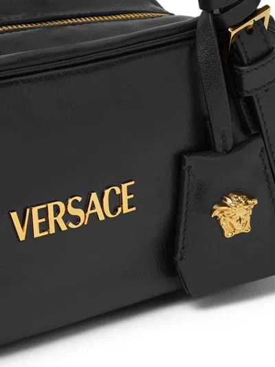 Versace Tag Bowling Black Shoulder Bag With Metallic Logo Lettering And Medusa Head Pendant In Leather Woman In Black