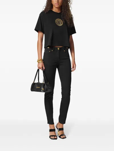 Versace Tag Bowling Black Shoulder Bag With Metallic Logo Lettering And Medusa Head Pendant In Leather Woman In Black