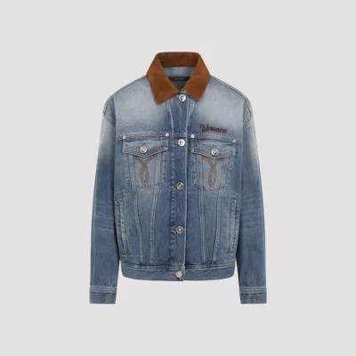 Versace Cotton Denim Jacket Long Sleeves Contrast Collar In Blue