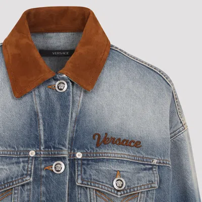 Versace Cotton Denim Jacket Long Sleeves Contrast Collar In Blue