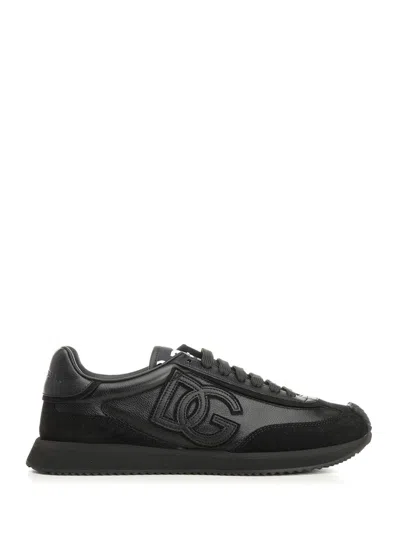 Dolce & Gabbana Round Toe Leather Sneakers With Suede Accents In Black