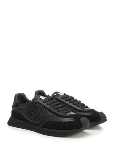 Dolce & Gabbana Round Toe Leather Sneakers With Suede Accents In Black