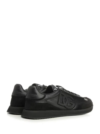 Dolce & Gabbana Round Toe Leather Sneakers With Suede Accents In Black