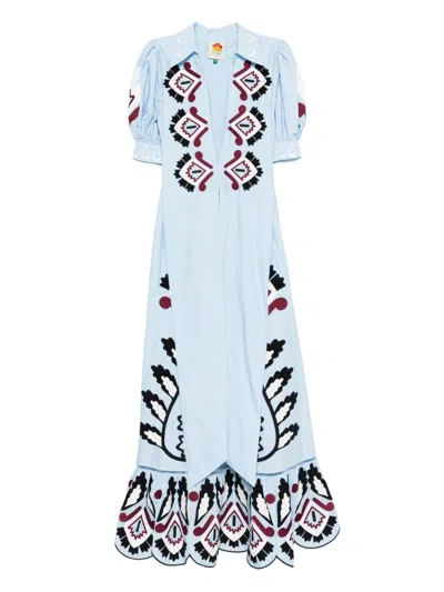Farm Rio Blue Artisanal Embroidered Lace Front Bow Maxi Dress In Gray