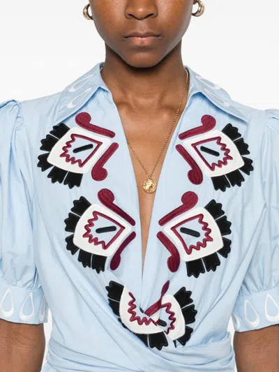 Farm Rio Blue Artisanal Embroidered Lace Front Bow Maxi Dress In Gray