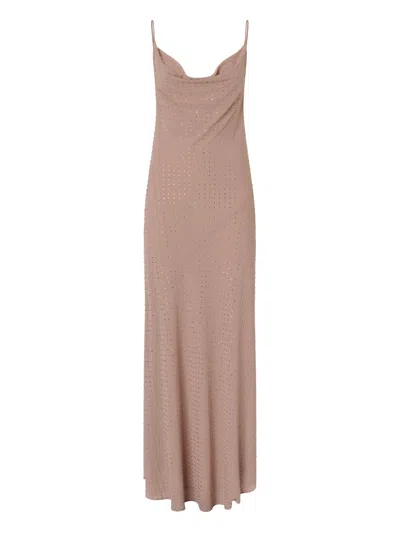 Pinko Beige Long Dress With Draped Neckline And Open Back In Tech Fabric Woman In Gray