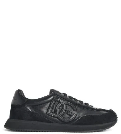 Dolce & Gabbana Round Toe Leather Sneakers With Suede Accents In Black