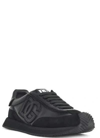 Dolce & Gabbana Round Toe Leather Sneakers With Suede Accents In Black