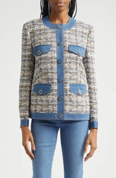 Veronica Beard Ainslie Denim-trimmed Cotton-blend Tweed Jacket In Blue