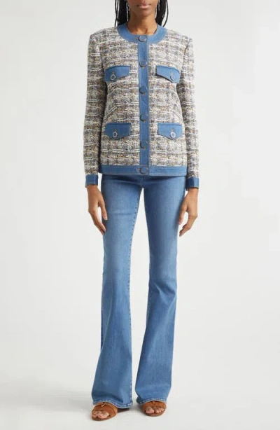 Veronica Beard Ainslie Denim-trimmed Cotton-blend Tweed Jacket In Blue