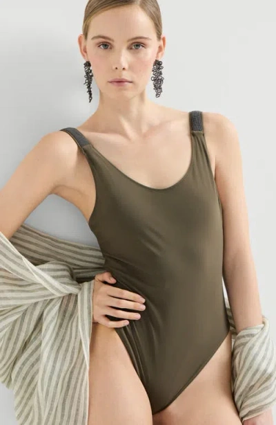 Brunello Cucinelli One Piece Swimsuit Scoop Neckline High Cut In Brown