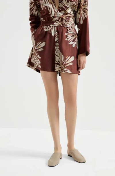 Brunello Cucinelli Women Silk Twill Shorts With Floral Print And Elasticated Waistband In Brown