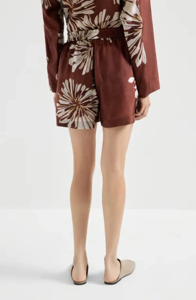 Brunello Cucinelli Women Silk Twill Shorts With Floral Print And Elasticated Waistband In Brown