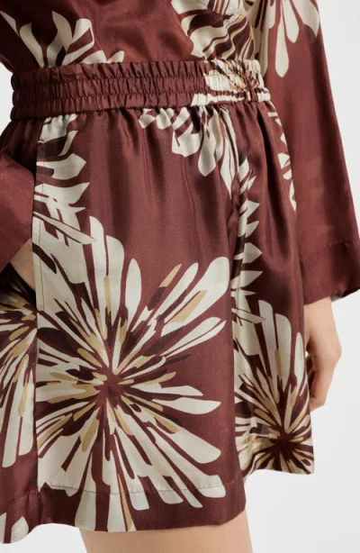Brunello Cucinelli Women Silk Twill Shorts With Floral Print And Elasticated Waistband In Brown