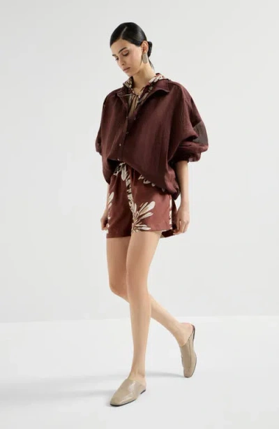 Brunello Cucinelli Women Silk Twill Shorts With Floral Print And Elasticated Waistband In Brown