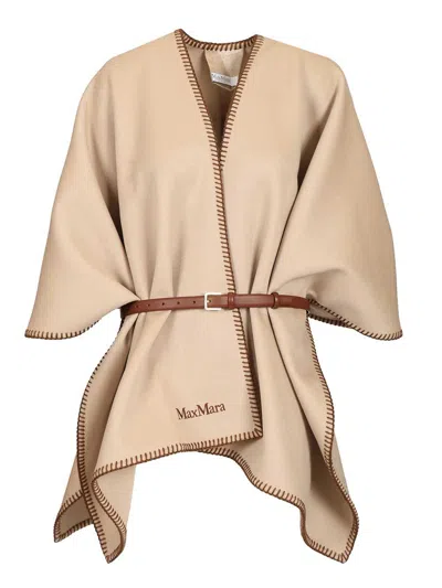 Max Mara Belted Whipstitched Embroidered Wool Cape In Neutral