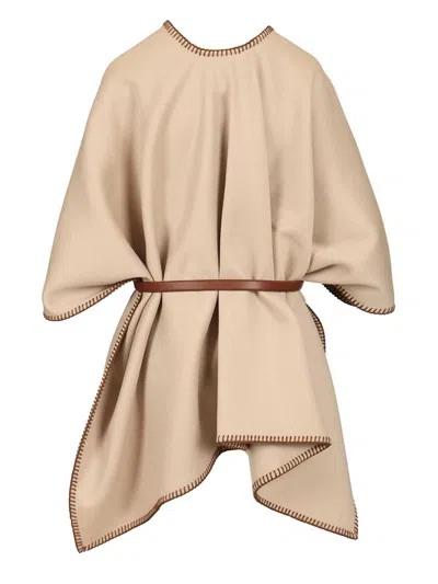 Max Mara Belted Whipstitched Embroidered Wool Cape In Neutral
