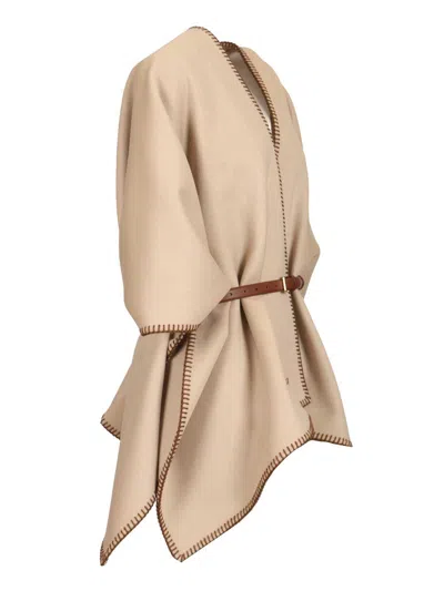 Max Mara Belted Whipstitched Embroidered Wool Cape In Neutral