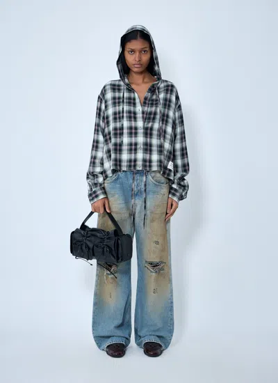 Acne Studios Hooded Nylon Silk Jacket Checked Pattern In Black