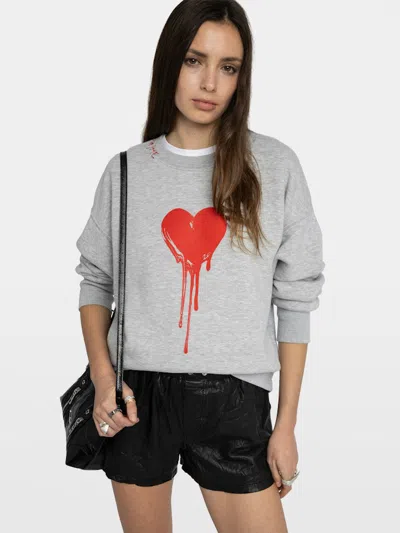 Zadig & Voltaire Womens Gris Chine Clai Oscar Heart-print Long-sleeve Cotton-jersey Sweatshirt In Gray