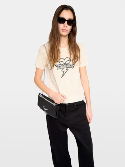 Zadig & Voltaire Idal Aero Heart Crystal Embellished Short Sleeve Cashmere Graphic Sweater In White
