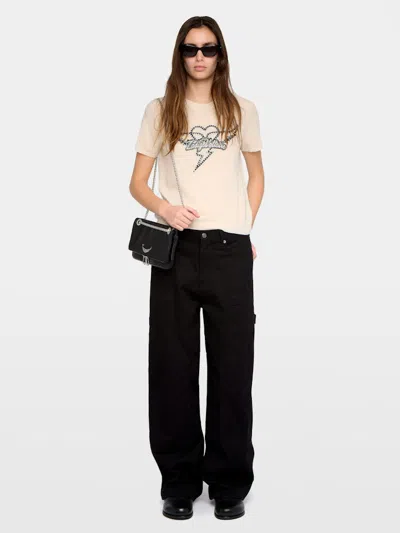 Zadig & Voltaire Idal Aero Heart Crystal Embellished Short Sleeve Cashmere Graphic Sweater In White