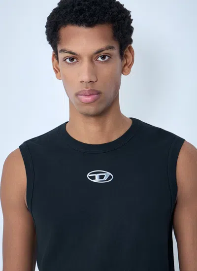 Diesel T-bisco-iod Black Sleeveless Top With Logo Detail On The Front In Cotton Man In Metallic