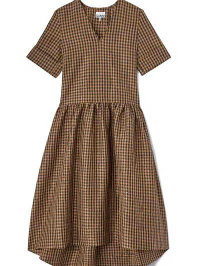 Ganni Women Brown Taffet Crinckled Dress, S Luxury Dresses For Women Darveys