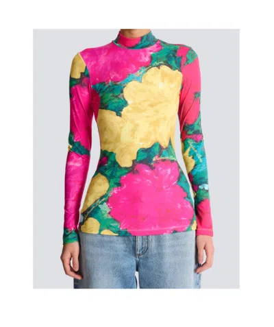 Balmain High Neck Jersey Top Fitted Print In Multi