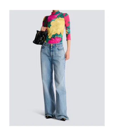 Balmain High Neck Jersey Top Fitted Print In Multi