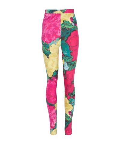 Balmain Jersey Leggings Roses Print Logo Detail In Multi