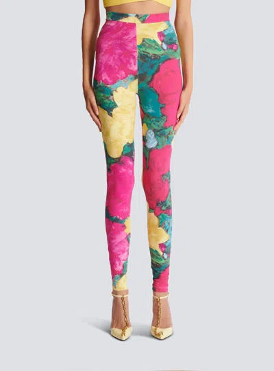 Balmain Jersey Leggings Roses Print Logo Detail In Multi