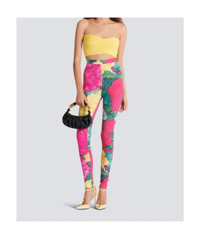 Balmain Jersey Leggings Roses Print Logo Detail In Multi