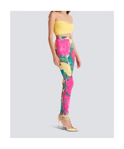 Balmain Jersey Leggings Roses Print Logo Detail In Multi