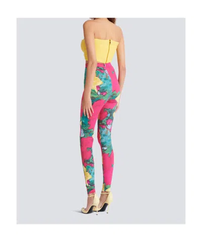 Balmain Jersey Leggings Roses Print Logo Detail In Multi