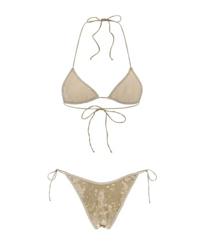 Oseree Marylin Polyester Sequin Halter Triangle Bikini In Brown
