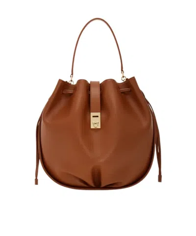 Ferragamo Hug Buckle Leather Bucket Bag In Brown