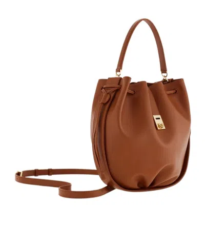 Ferragamo Hug Buckle Leather Bucket Bag In Brown