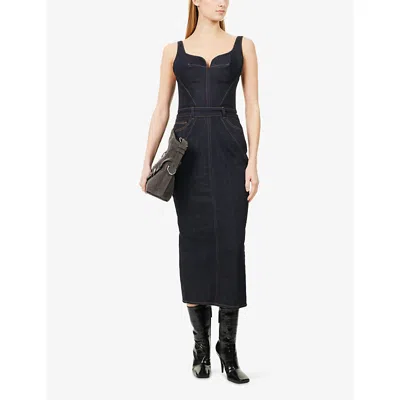 Givenchy Womens Dark Blue Contrast-stitch Panelled Denim Midi Dress In Blue
