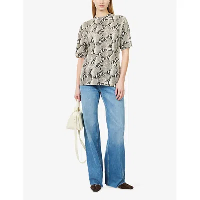 Anine Bing Womens Washed Python Avi Python-print Cotton T-shirt In White
