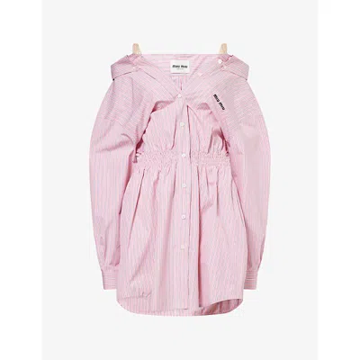 Miu Miu Elasticated Waistband Striped Shirt Mini Dress Clothing In Pink