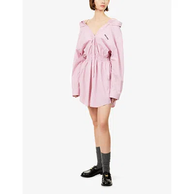 Miu Miu Elasticated Waistband Striped Shirt Mini Dress Clothing In Pink