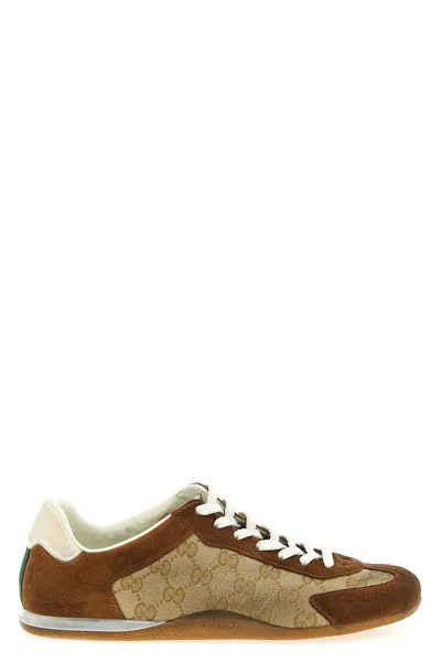 Gucci Shift Suede Sneakers With Gg Supreme Fabric Inserts In Brown