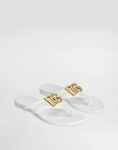 Dolce & Gabbana White Thong Sandals With Logo Plaque On The Front In Rubber Woman In Multi