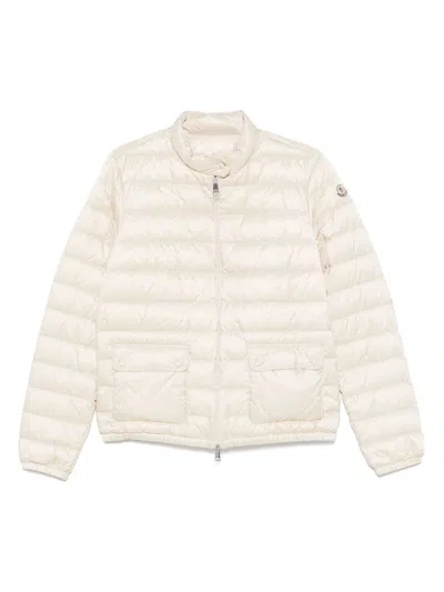 Moncler White Crop Down Jacket With Drawstring In Neutral